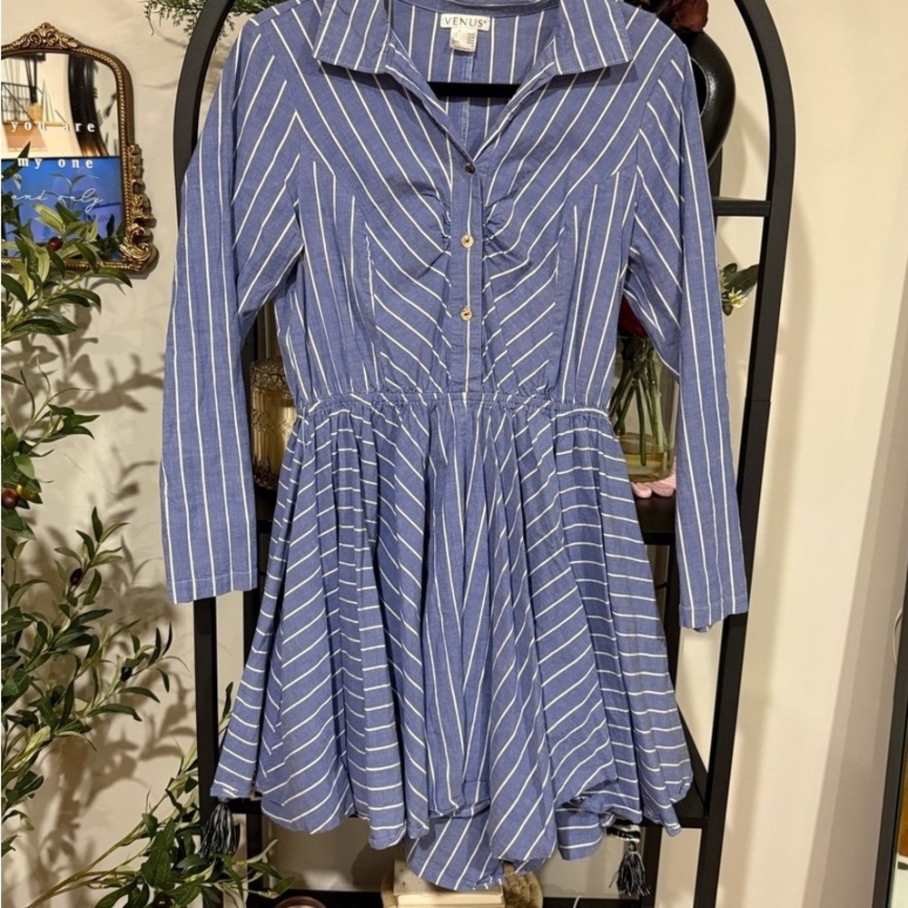 Blue and White Striped Long Sleeve Fit & Flare Dress